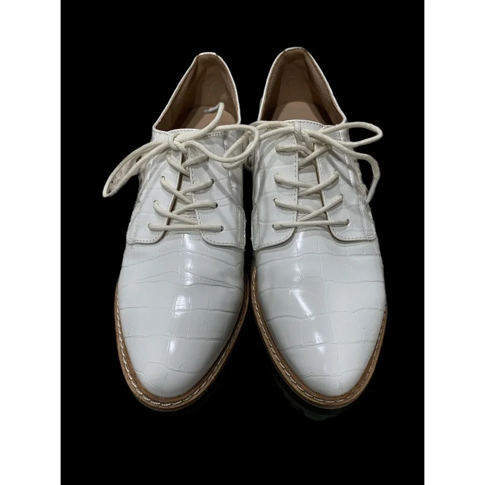 Aqua White Croc Embossed Lace Up Vegan Oxford Shoes Utility Chic Lug Sole-7 - Picture 6 of 8